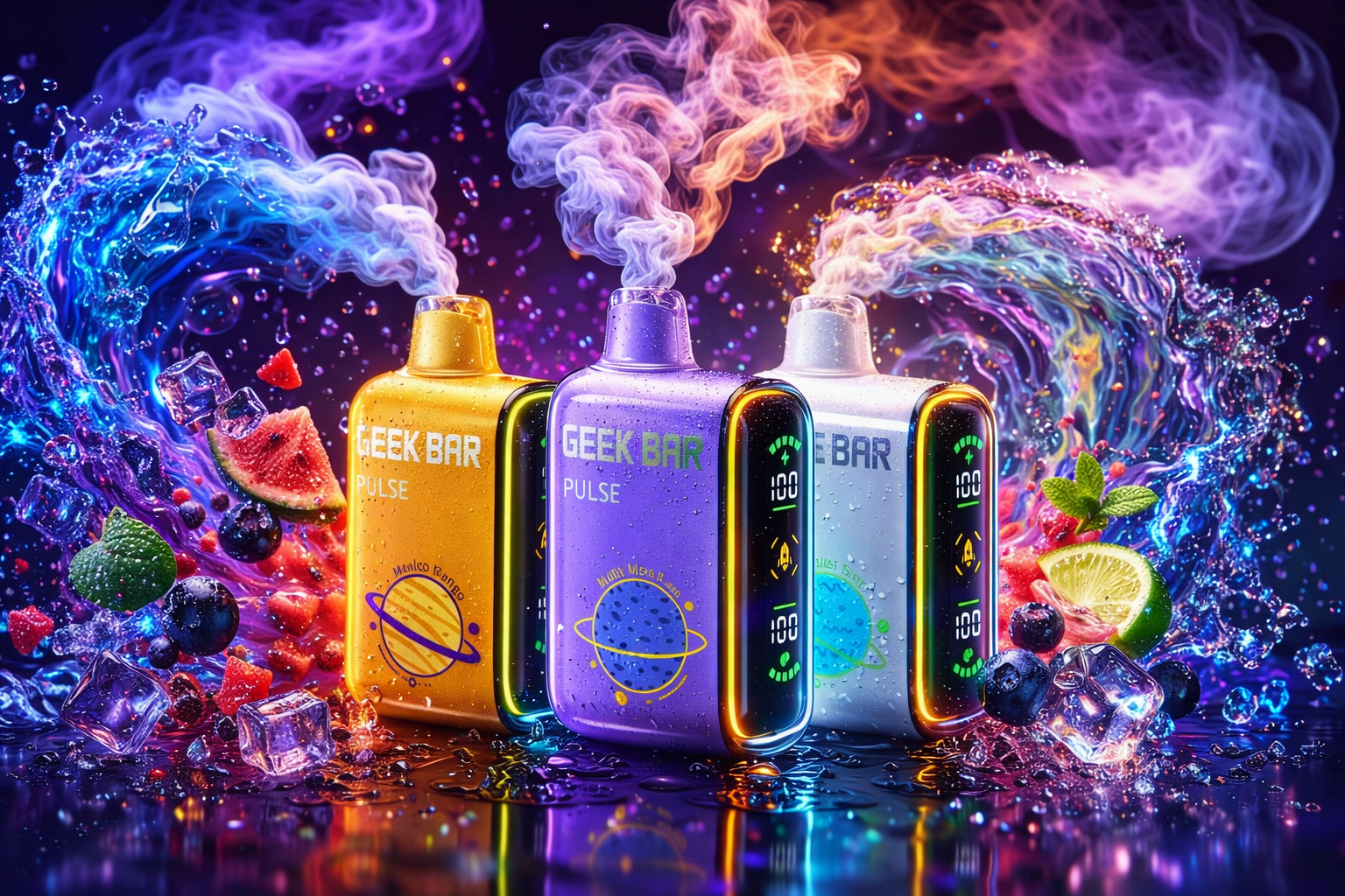 A vibrant digital artwork features two disposable vapes floating amidst a dramatic cosmic explosion of water and colorful smoke.