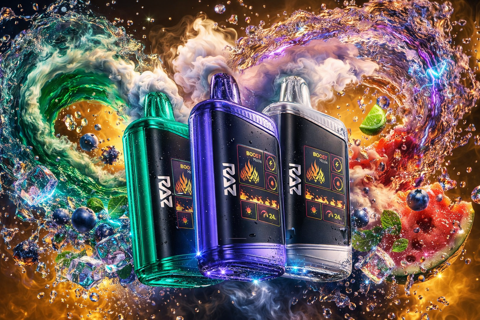 Three RAZ brand disposable vapes—colored green, purple, and silver—are displayed side by side against a highly dynamic and colorful background. Each device features a digital screen showing a 