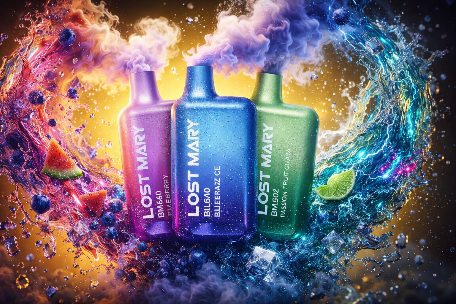 A dynamic product advertisement features three Lost Mary vape devices in purple, blue, and green standing together against a glowing golden background. Thick clouds of purplish-blue smoke billow from each mouthpiece, merging with large, symmetrical waves of splashing water that frame the scene. The explosive display is accented by flying ice cubes, scattered blueberries, watermelon slices, and a lime wedge to emphasize the refreshing fruit flavors.