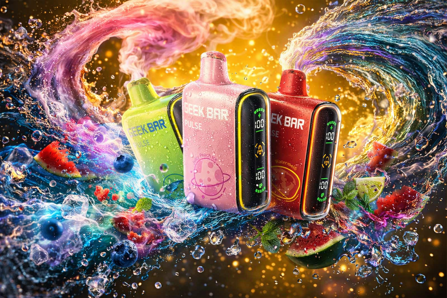 Three Geek Bar Pulse vape devices in light green, pastel pink, and red colors are clustered together, covered in refreshing water droplets. They are framed by a spectacular, swirling explosion of multicolored water splashes and vapor clouds against a glowing golden background. The lower half of the scene is filled with a dynamic mix of floating ice cubes, blueberries, mint leaves, and watermelon slices that emphasize the fruity flavors.