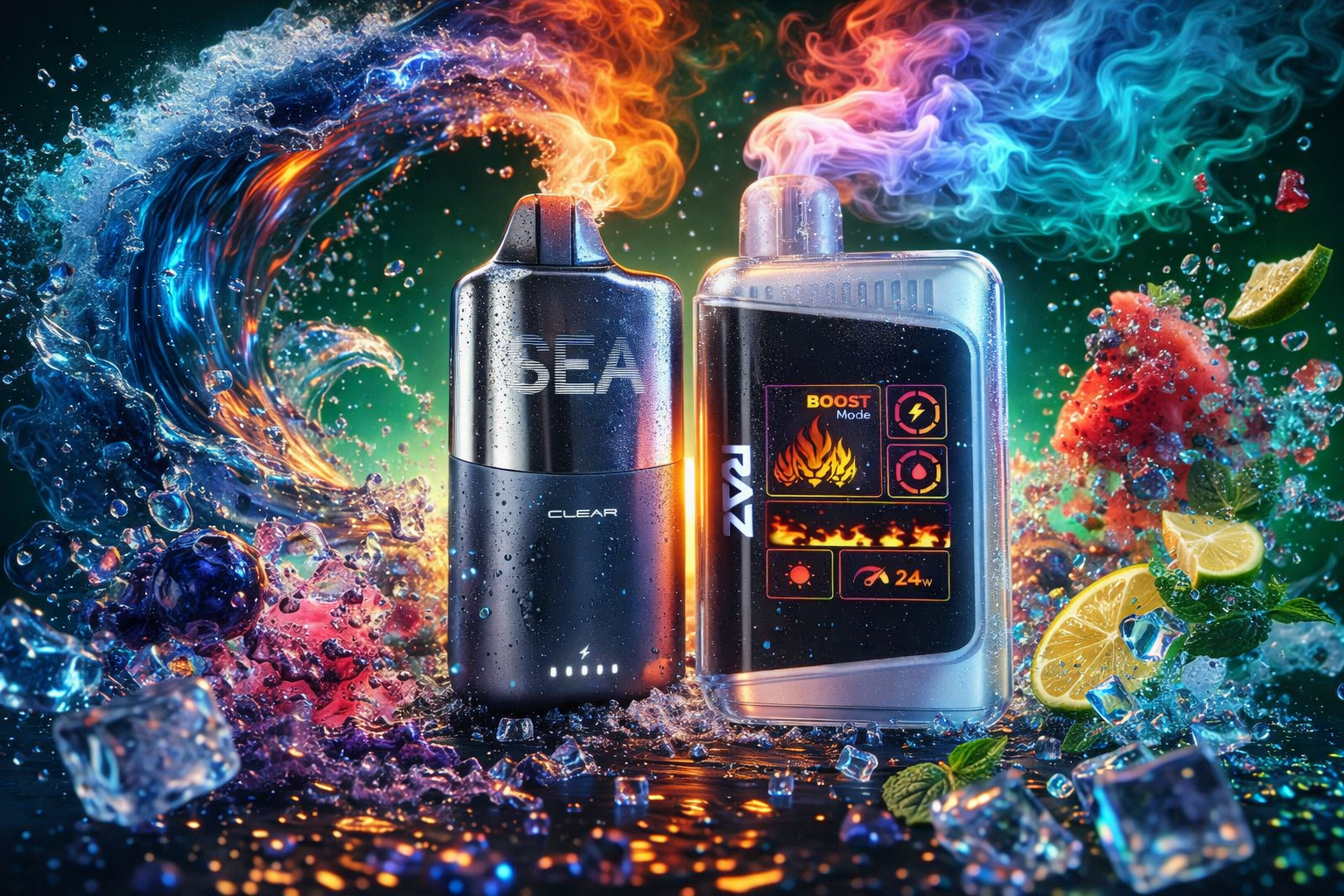 A striking product advertisement showcases two distinct disposable vapes standing amidst an explosion of refreshing elements and scattered ice cubes. The left device is a sleek, dark metallic vape branded 