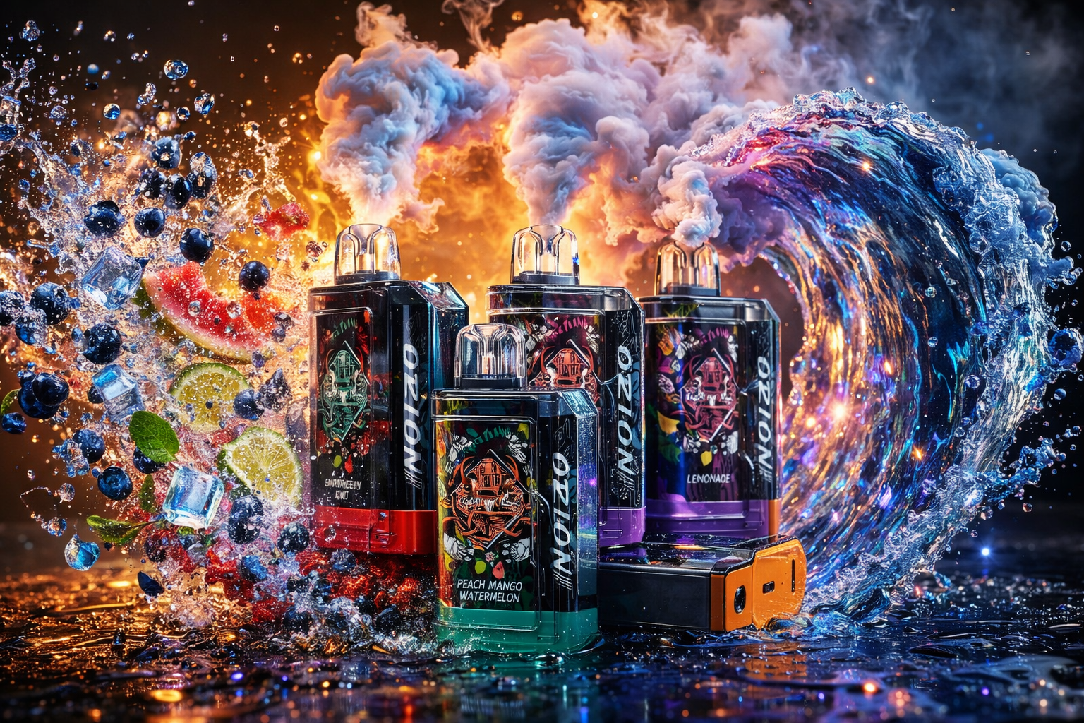 An eye-catching, dynamic promotional image showcases several black OZION vape devices against a dramatic background of fire and water. Thick clouds of colorful smoke billow from the mouthpieces, blending into a fiery orange explosion on the left and a crashing blue tidal wave on the right. Shards of ice, fresh blueberries, lime slices, and watermelon pieces splash through the air, highlighting flavors like Peach Mango Watermelon and Lemonade.