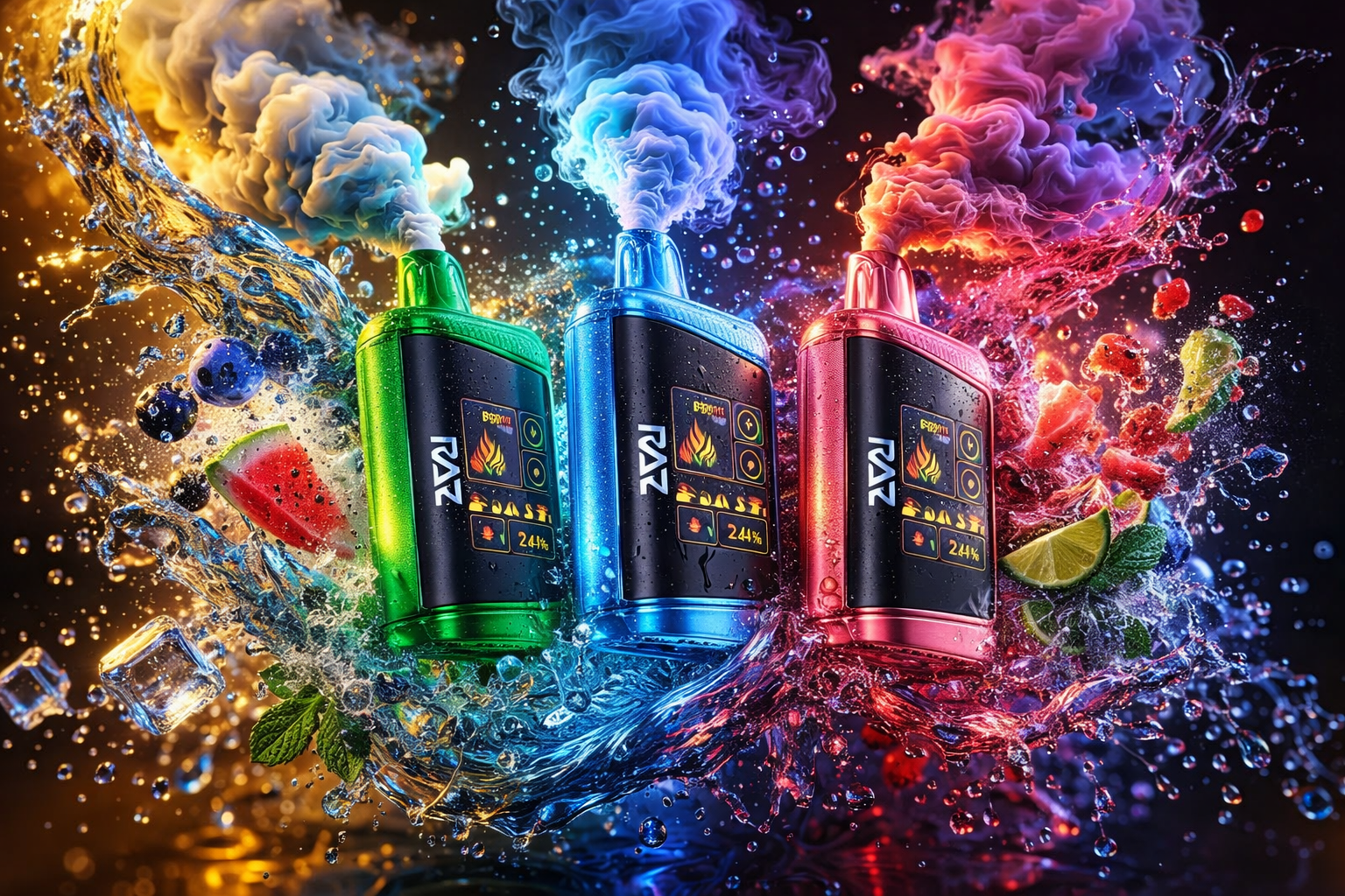 A dynamic product advertisement features three RAZ vape devices in vibrant green, metallic blue, and bright pink lined up against a dark background. Each device has a digital display screen and releases a thick, swirling cloud of colorful smoke from its mouthpiece that matches the device's color scheme. The entire scene is enveloped in an energetic splash of water, ice cubes, and fresh fruits like watermelon slices, limes, and blueberries, creating a refreshing and high-impact visual.