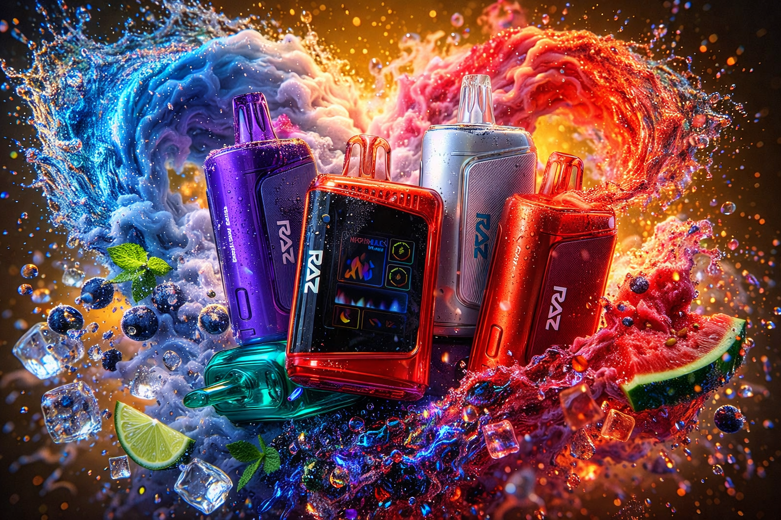A vibrant product advertisement features several RAZ vape devices in purple, red, silver, and teal clustered together against a glowing background. Massive, symmetrical waves of colorful smoke and water splash outwards in shades of blue and pink, framing the devices on both sides. The energetic scene is accented by scattered ice cubes, fresh mint leaves, blueberries, a lime slice, and a juicy piece of watermelon to signify a burst of refreshing flavors.