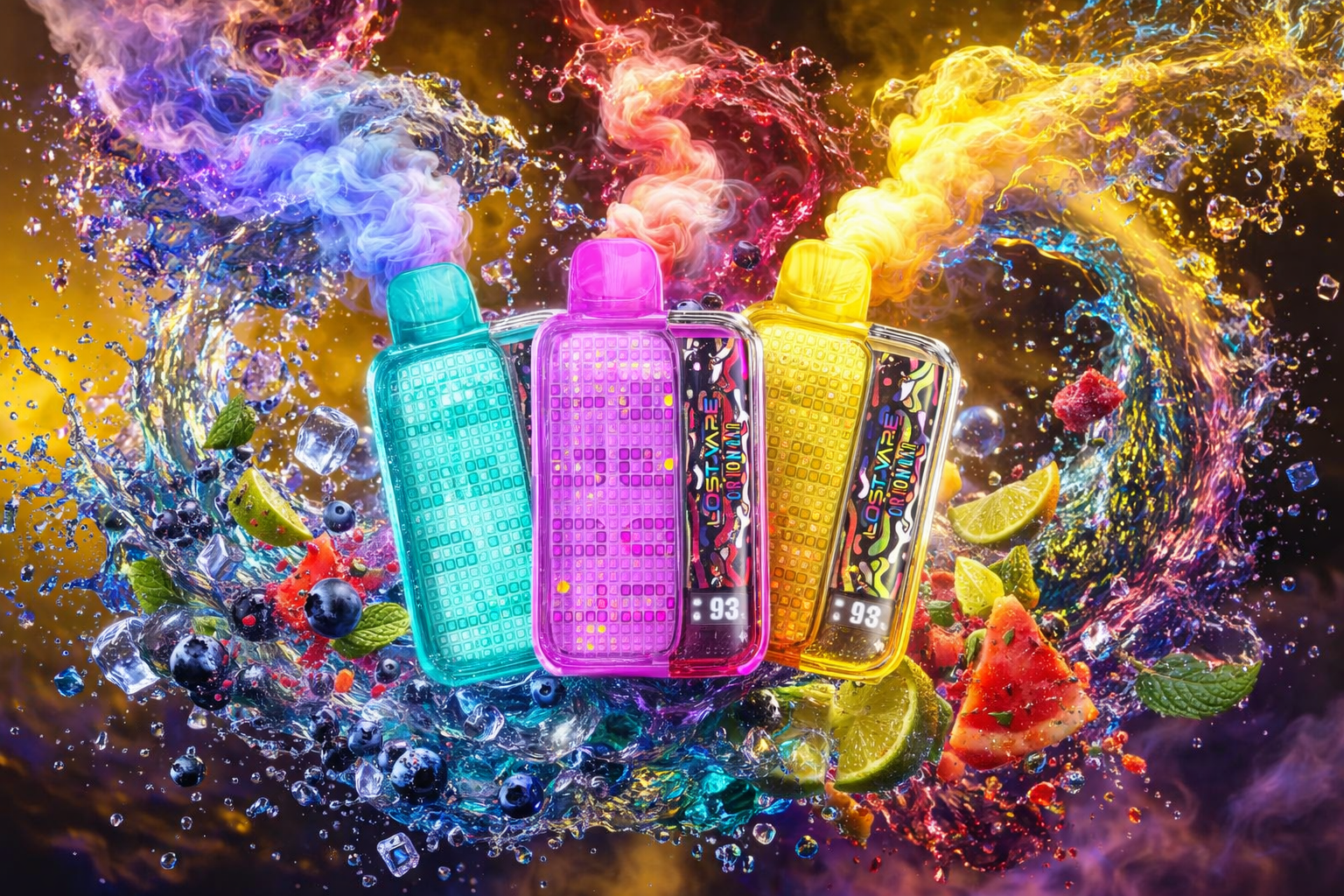 A vibrant product advertisement highlights three 