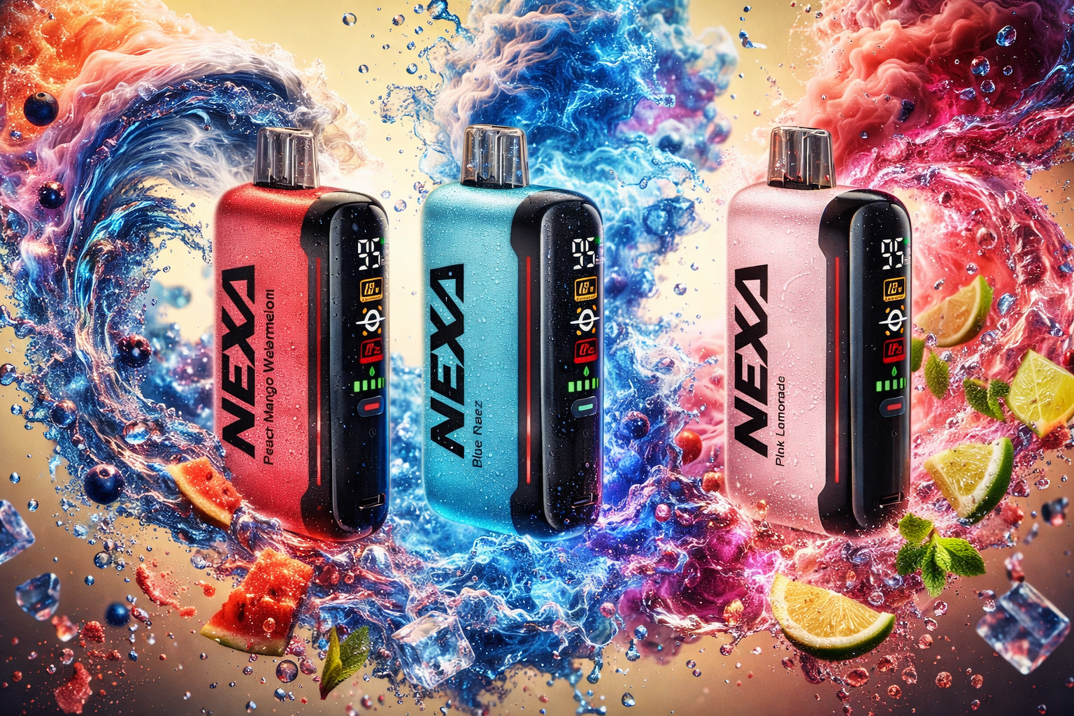 Three NEXA disposable vapes in red, light blue, and pink are lined up horizontally in a vibrant, energetic composition. They stand amidst a chaotic splash of water and juice droplets containing floating ice cubes, lime wedges, mint leaves, and watermelon slices. The upper background features dramatic, billowing clouds of colorful smoke in shades of orange, blue, and red against a warm golden glow.