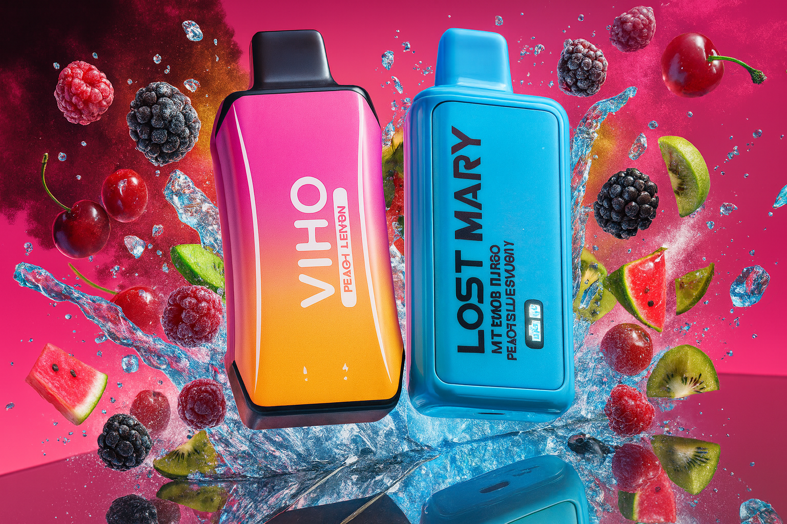Two disposable vapes, a pink-to-yellow gradient VIHO and a bright blue Lost Mary, are positioned vertically above a reflective surface. The scene features a dynamic explosion of water splashes and assorted fresh fruits, including raspberries, blackberries, cherries, and slices of kiwi and watermelon. Everything is set against a bold, vibrant pink background that highlights the energetic and fruity theme of the products.