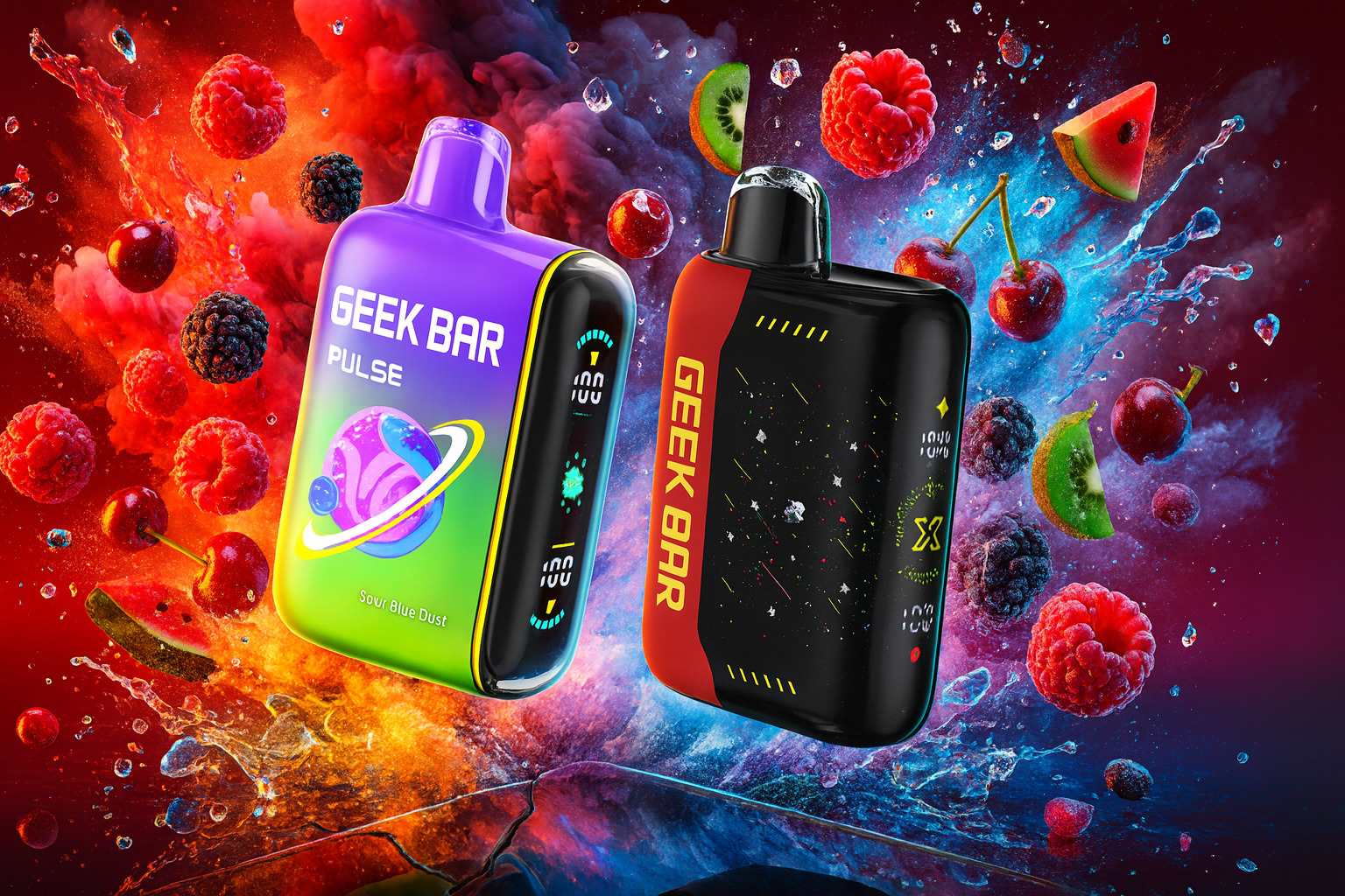 This vibrant advertisement features two Geek Bar Pulse disposable vapes, one in purple and green with a planet graphic and the other in sleek black and red with a star pattern. The devices are surrounded by a dynamic explosion of fresh fruit, including raspberries, cherries, and kiwis, set against a background of splashing water and colorful smoke.