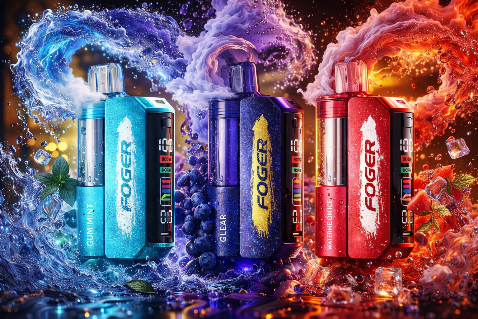 An AI-generated, dynamic promotional image features three Foger brand disposable vapes lined up side-by-side, each equipped with a digital side display screen showing battery and e-liquid levels. From left to right, the metallic devices include a light blue 