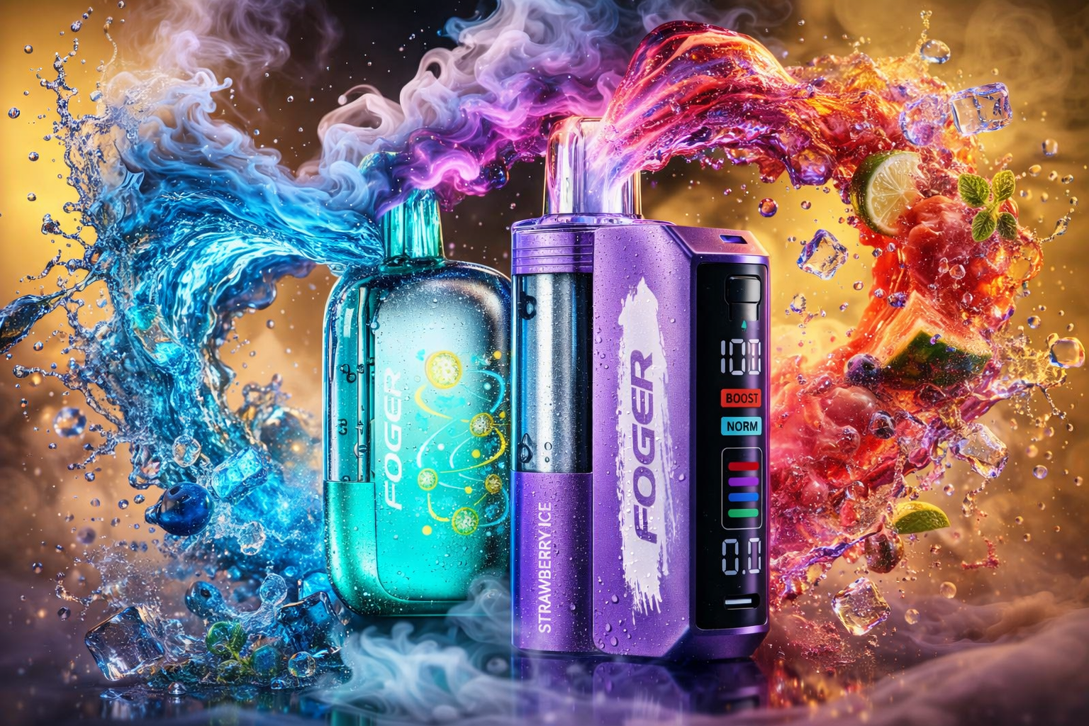 Two FOGER vape devices, one turquoise and one metallic purple with a digital display screen, stand prominently side-by-side in a dynamic scene. The turquoise vape on the left is engulfed in a crashing wave of blue water and swirling purple smoke. On the right, a vibrant explosion of red and orange fruit juice arcs over the purple vape, scattering ice cubes, lime wheels, and mint leaves against a golden, smoky background.