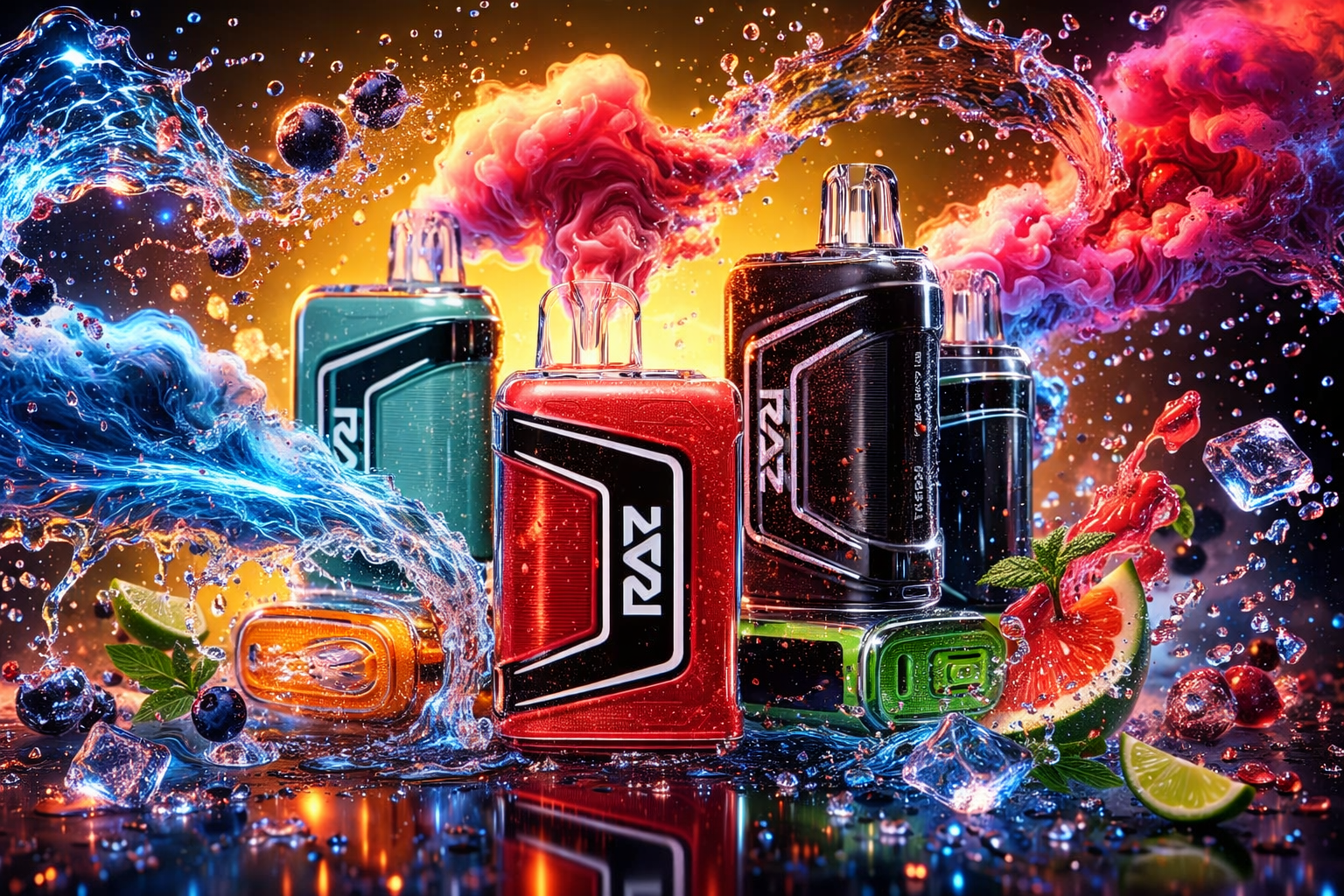 An artistic and vibrant promotional image features several RAZ disposable vape devices standing amidst explosive, colorful splashes of water and swirling clouds of pink and blue smoke. The main devices are colored red, black, and teal, arranged on a glossy, reflective black surface covered in water droplets and ice cubes. Scattered around the vapes are fresh fruits, including blueberries, lime slices, and a watermelon wedge, emphasizing a refreshing and fruity flavor theme.