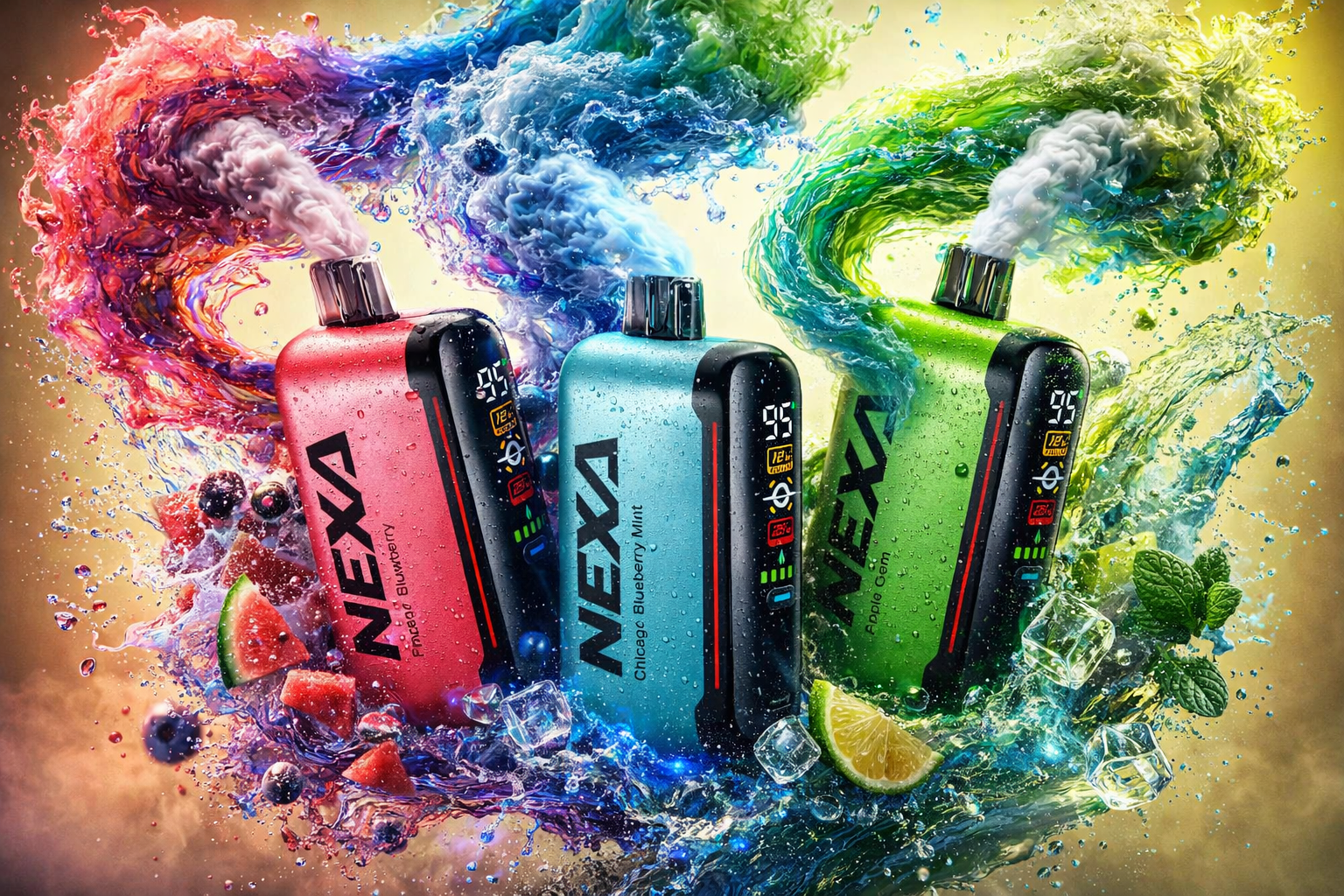 Three NEXA disposable vapes in pink, light blue, and lime green are aligned diagonally across the center of a high-energy composition. Each device features a digital display screen and releases thick, billowing clouds of colorful vapor from its mouthpiece. They are surrounded by a dynamic explosion of swirling liquid waves, floating ice cubes, watermelon chunks, blueberries, lime wedges, and fresh mint leaves against a bright golden background.