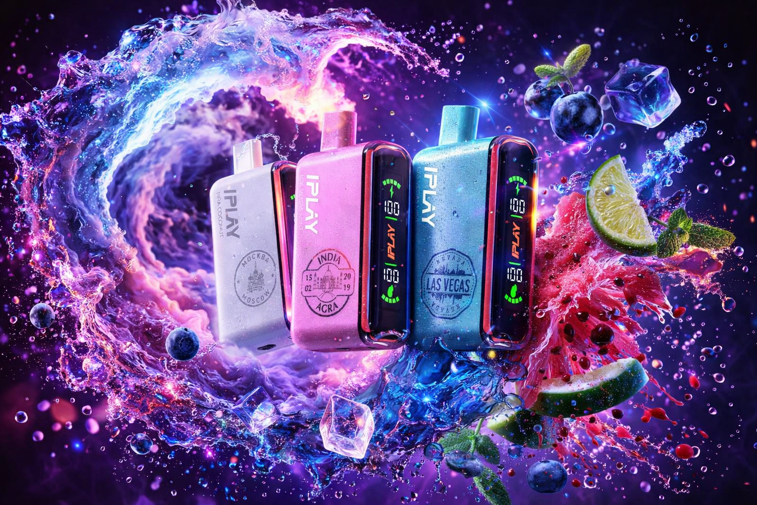 Three IPLAY disposable vapes in silver, pink, and light blue are arranged side-by-side in the center of a dynamic composition. They are surrounded by a swirling vortex of purple and pink liquid splashes mixed with floating ice cubes, blueberries, and fresh mint leaves. The right side features an explosive splash of red juice along with lime slices, adding a burst of tropical energy to the dark, neon-lit background.