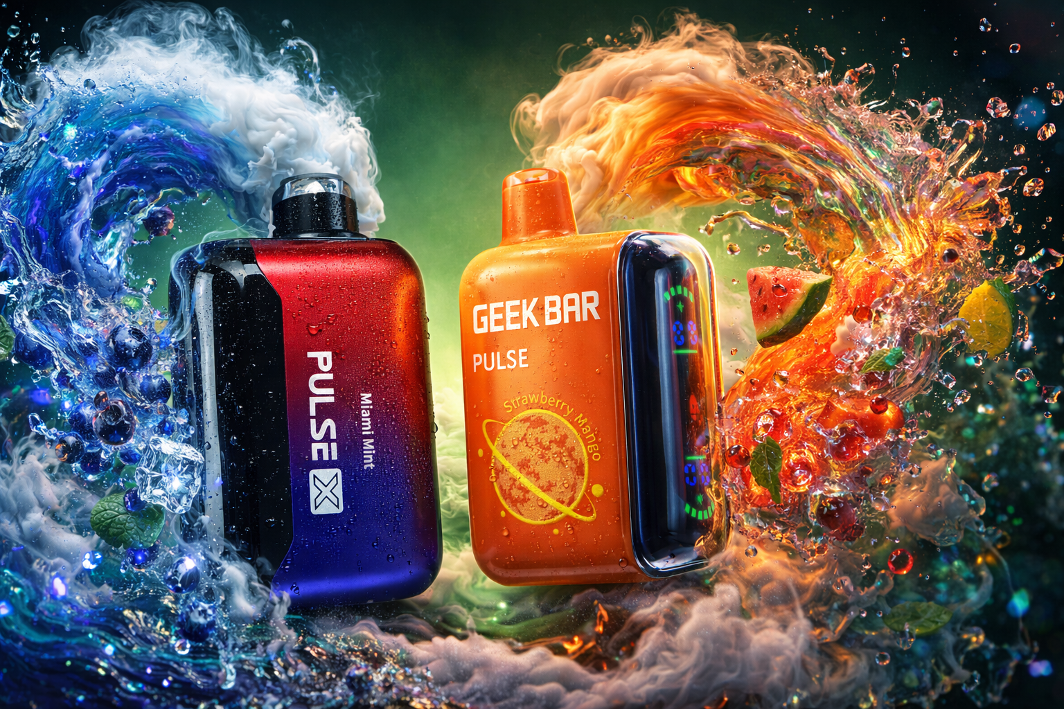 Two vape devices, a metallic red-and-blue Pulse X labeled 