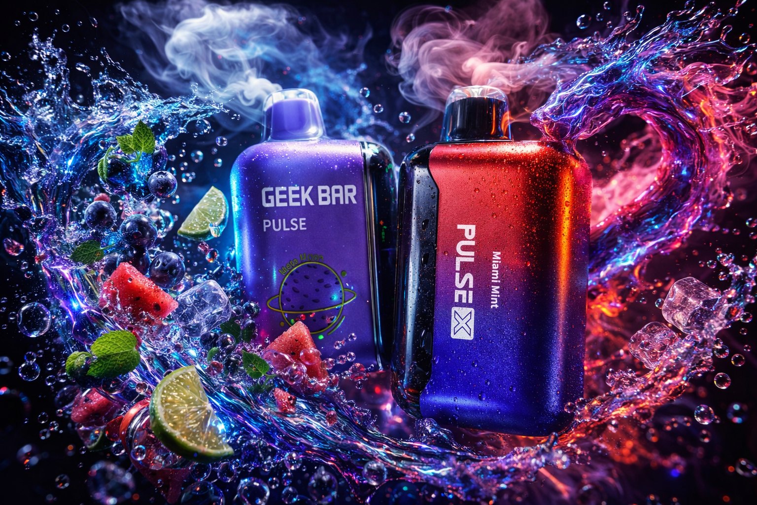 Two vape devices, a purple Geek Bar Pulse and a red-and-blue gradient Pulse X labeled 