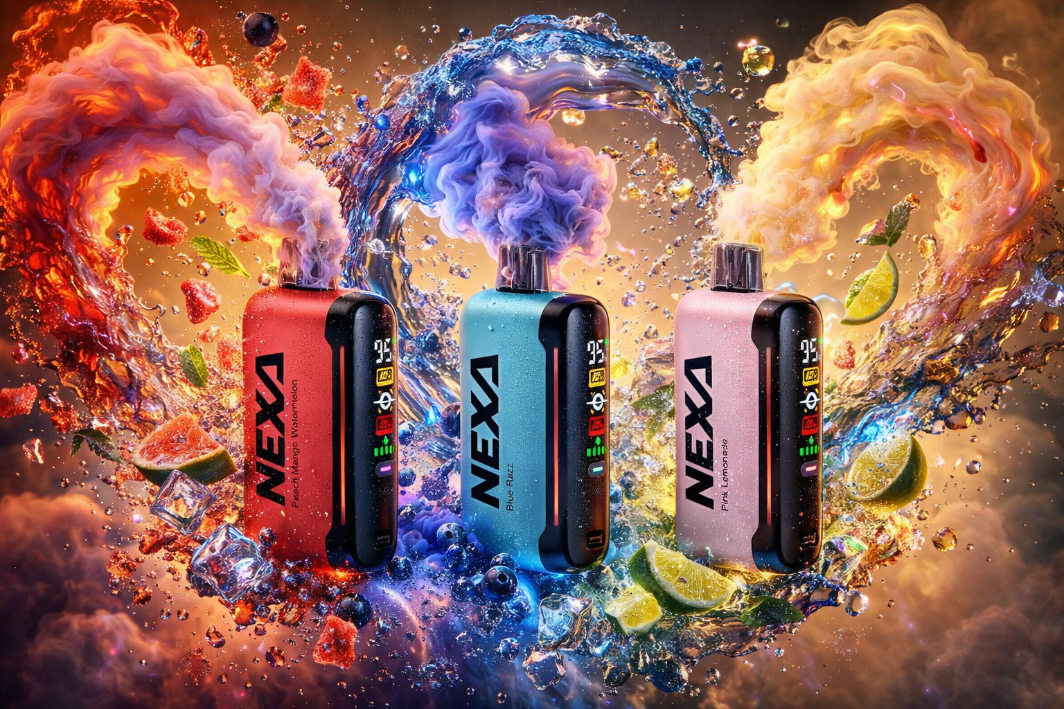 Three disposable vapes in red, blue, and pink are aligned in the center. Each vape has a clear mouthpiece that releases a colorful, swirling vapor cloud: pink from the red vape, blue from the blue vape, and yellow from the pink vape. The vapes are surrounded by a splash of water containing ice cubes, blueberries, strawberries, and lime wedges, set against a background of fire and smoke.