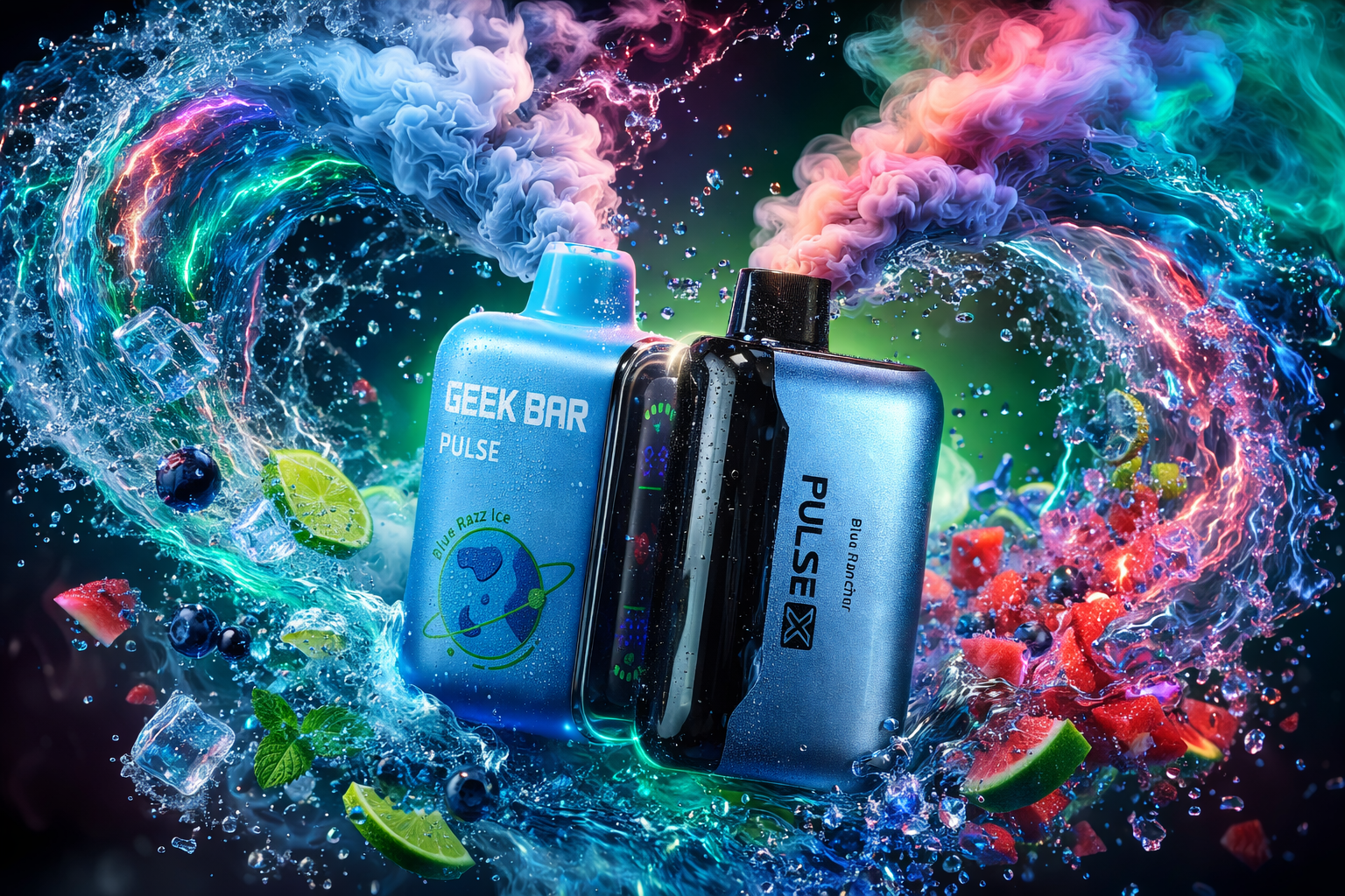 An eye-catching, vibrant digital graphic displays two disposable vapes side-by-side amidst an explosion of colorful water splashes, ice cubes, and fresh fruit pieces. On the left, a light blue Geek Bar Pulse features a 