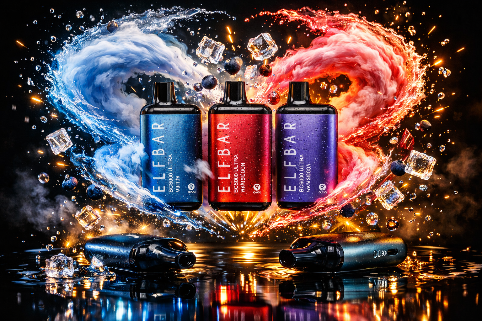 Three disposable Elf Bar BC5000 Ultra vapes in blue, red, and purple stand upright amid a dramatic explosion of water, colorful smoke, and ice cubes. The background features a dynamic clash of fiery red and icy blue splashes that form a heart-like shape against a dark, spark-filled setting. On the wet, reflective surface below, two sleek black pod devices lie horizontally, capturing the vibrant lights of the scene.