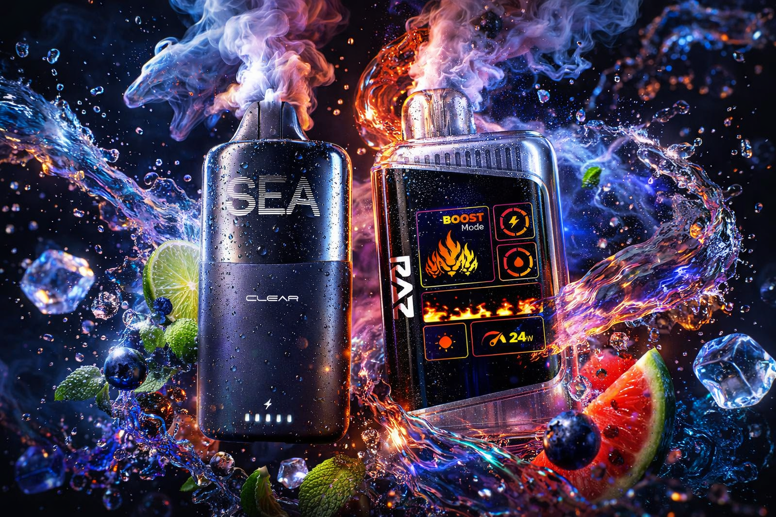 Two high-tech vape devices, one labeled 