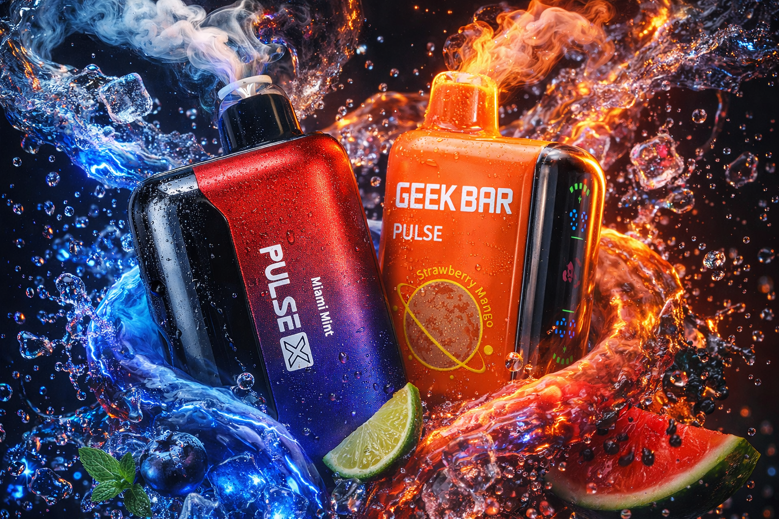 Two Geek Bar Pulse vape devices are positioned centrally, surrounded by a dynamic splash of water, ice cubes, and fresh fruit. The red and purple 