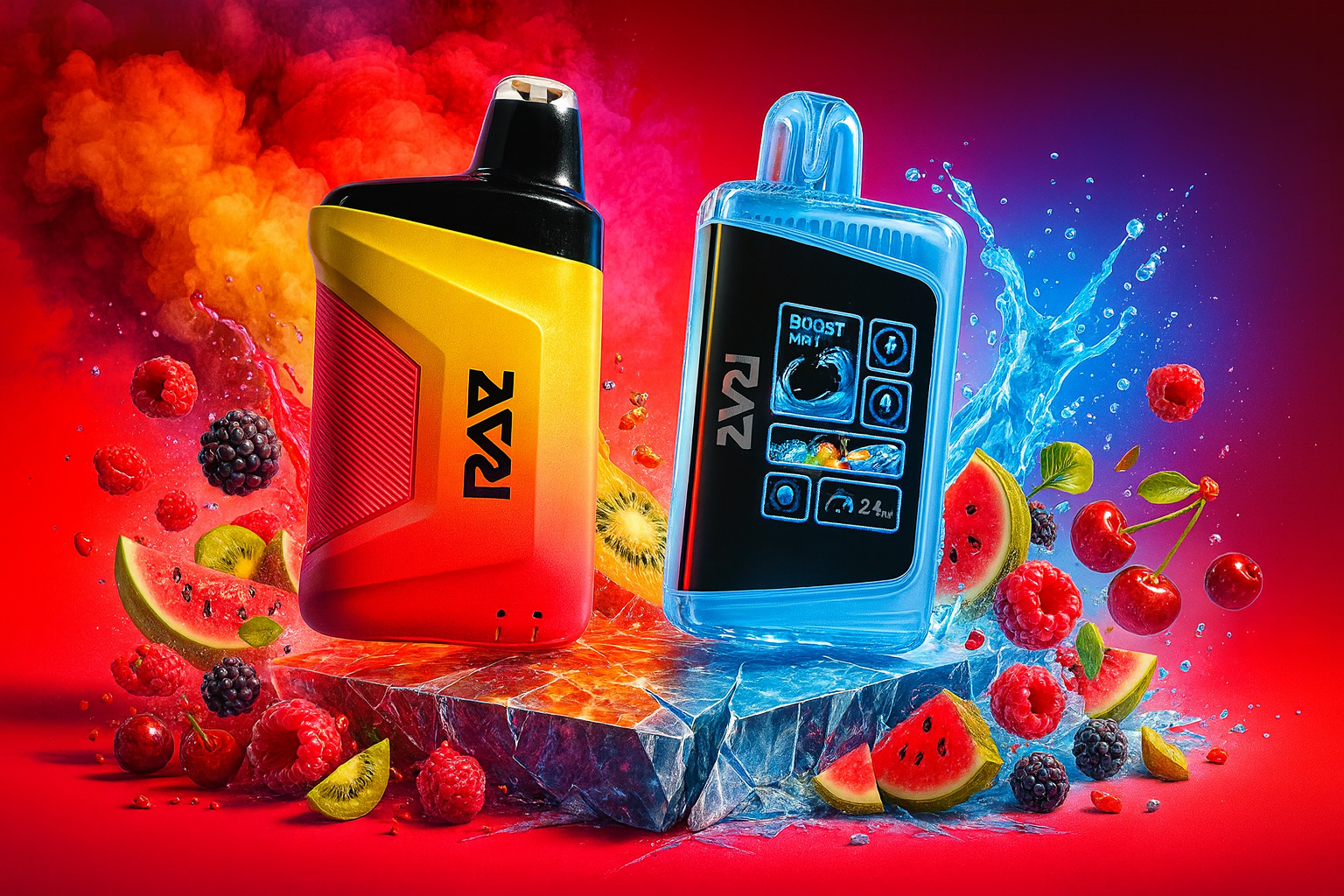 This vibrant digital illustration features two RAZ disposable vapes, one in a warm yellow-to-red gradient and the other in a transparent blue casing with a digital display. The devices are set against a dynamic backdrop of splashing water, colorful smoke, and an explosion of fresh fruits including watermelon, raspberries, and blackberries.