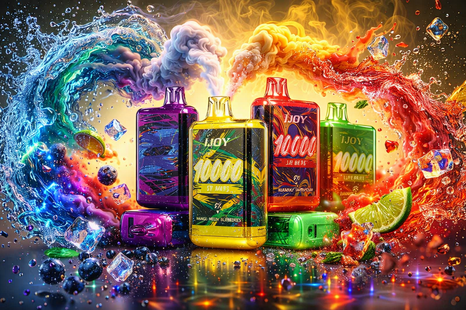 A vibrant collection of colorful iJOY disposable vapes is displayed together, featuring bold patterns and the number 10000 printed on their bodies. Explosive, swirling waves of multi-colored liquid, thick vapor, ice cubes, and fresh fruits like blueberries and lime slices erupt dramatically behind the devices. The entire scene is set against a dark, glossy surface that reflects the bright lights, intense colors, and scattered water droplets.