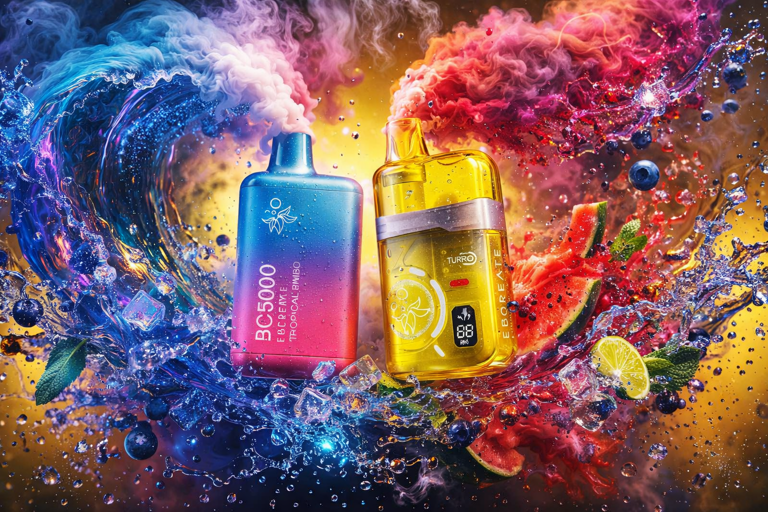 Two disposable vapes, a blue-to-pink gradient BC5000 model and a translucent yellow EBDESIGN model, are positioned in the center of an energetic display. They are surrounded by an explosive splash of liquids containing fresh watermelon slices, lime wedges, blueberries, mint leaves, and ice cubes. Billowing clouds of colorful smoke emit from the mouthpieces, clashing with a powerful blue water wave on the left against a bright golden background.