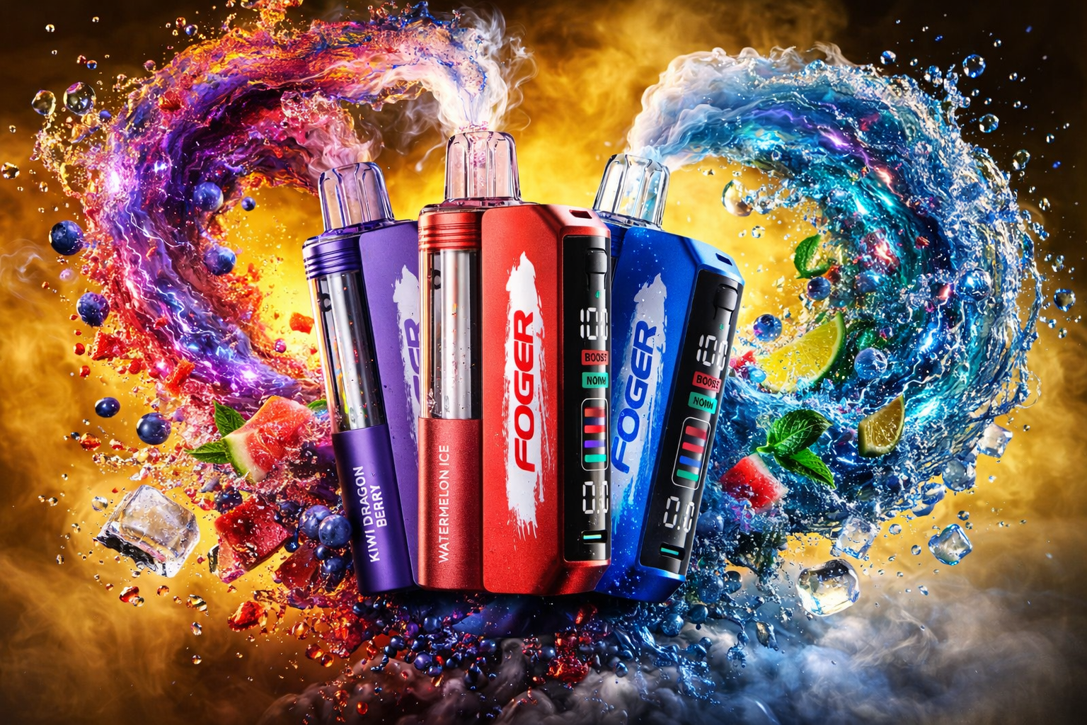 An energetic promotional shot features four FOGER vape devices—purple, two red, and blue—clustered at the center, each displaying a digital screen and specific flavor text. A dynamic swirl of purple, red, and blue vapor with fruit splashes (berries, watermelon, lime) surrounds the devices, forming a conceptual heart shape against a fiery orange-yellow background. Below the devices, an explosion of berries, watermelon slices, lime wedges, and ice cubes creates a refreshing, multi-sensory environment.