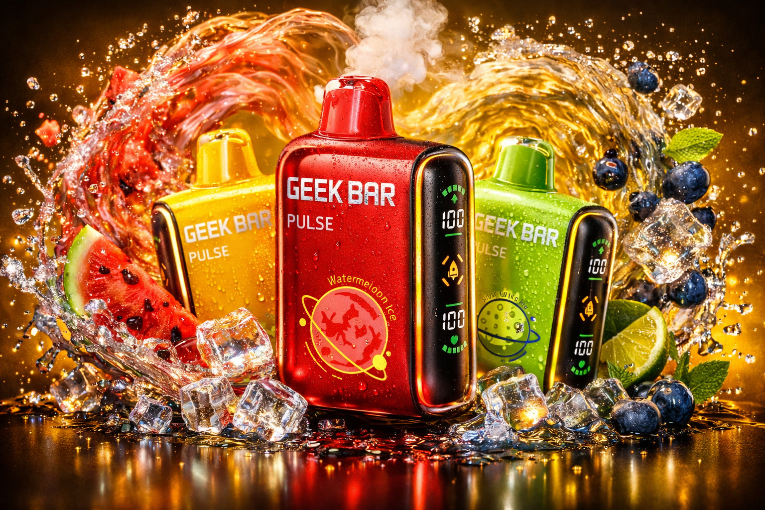 Three Geek Bar Pulse vape devices in vibrant yellow, red, and green colors are shown covered in water droplets against a golden background. The center red device, labeled 