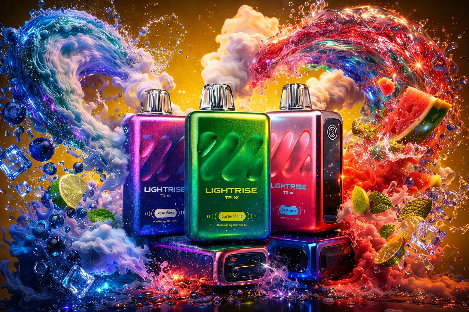 Three colorful Lightrise vape devices in metallic purple, green, and pink shades stand upright on a glossy, reflective surface. They are enveloped in a dramatic explosion of swirling blue and red water waves, fluffy white smoke, ice cubes, and fresh fruit slices like lime, mint, and watermelon. The background is a vibrant golden-yellow gradient filled with glowing sparks and dynamic liquid splashes that highlight the energy of the scene.