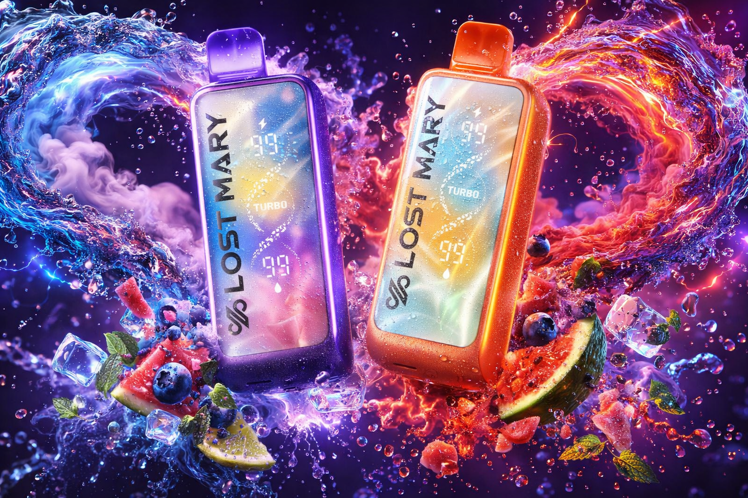 Two Lost Mary disposable vapes, one purple and one orange, stand side-by-side displaying digital battery and e-liquid percentages on their bright screens. They are surrounded by a dynamic explosion of liquids, featuring a blue and purple water vortex on the left and a fiery red juice splash on the right. A mix of fresh watermelons, blueberries, lime slices, mint leaves, and ice cubes float around the devices against a dark, neon-lit background.