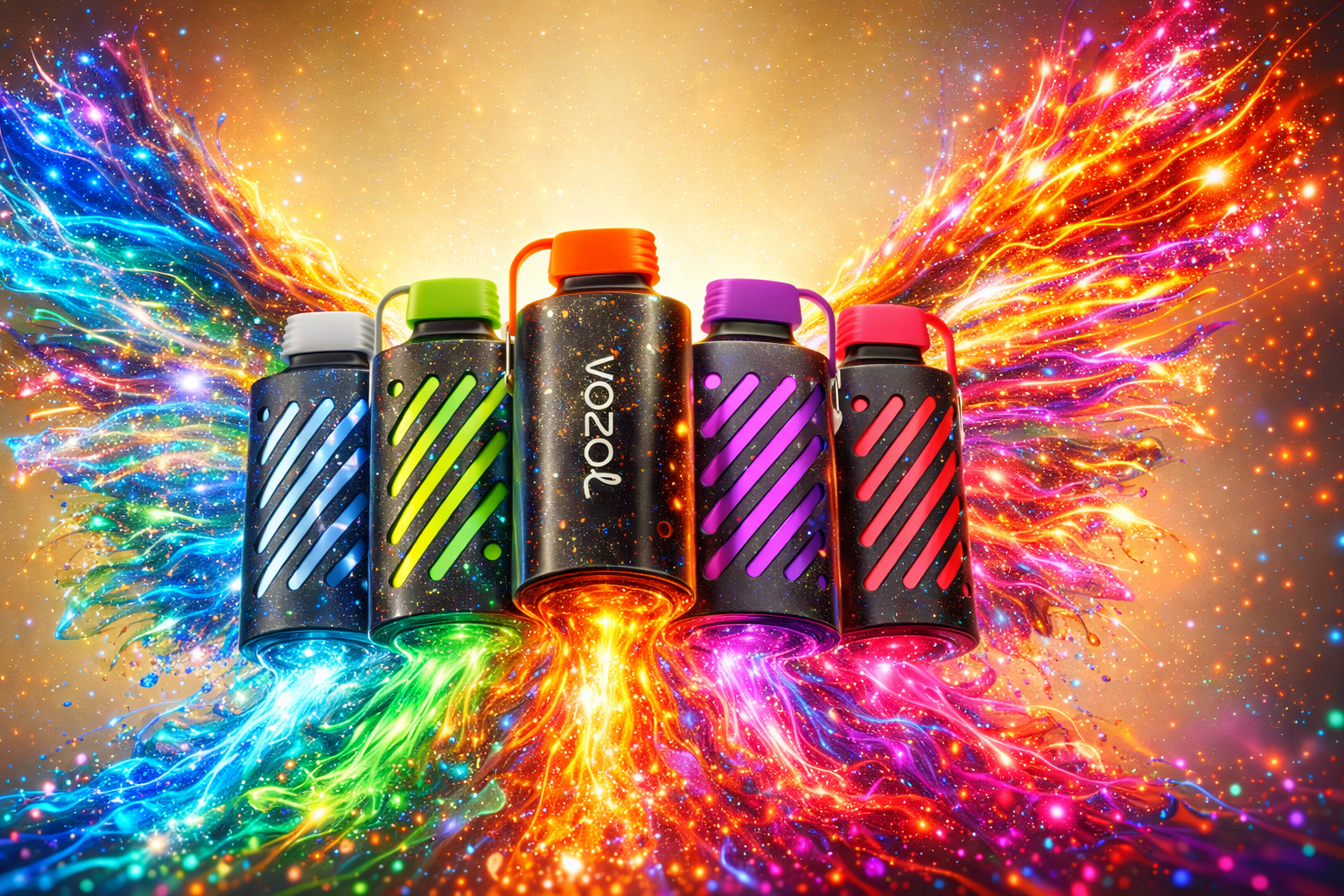 A vibrant futuristic image featuring five colorful VOZOL vape devices floating in the center of an explosive cosmic energy burst. Each vape is surrounded by glowing neon streams of blue, green, orange, purple, and pink light that create dramatic wing-like effects across the background. The composition has a high-energy sci-fi style with sparkling particles, colorful smoke trails, and intense luminous details that highlight the modern vape designs.